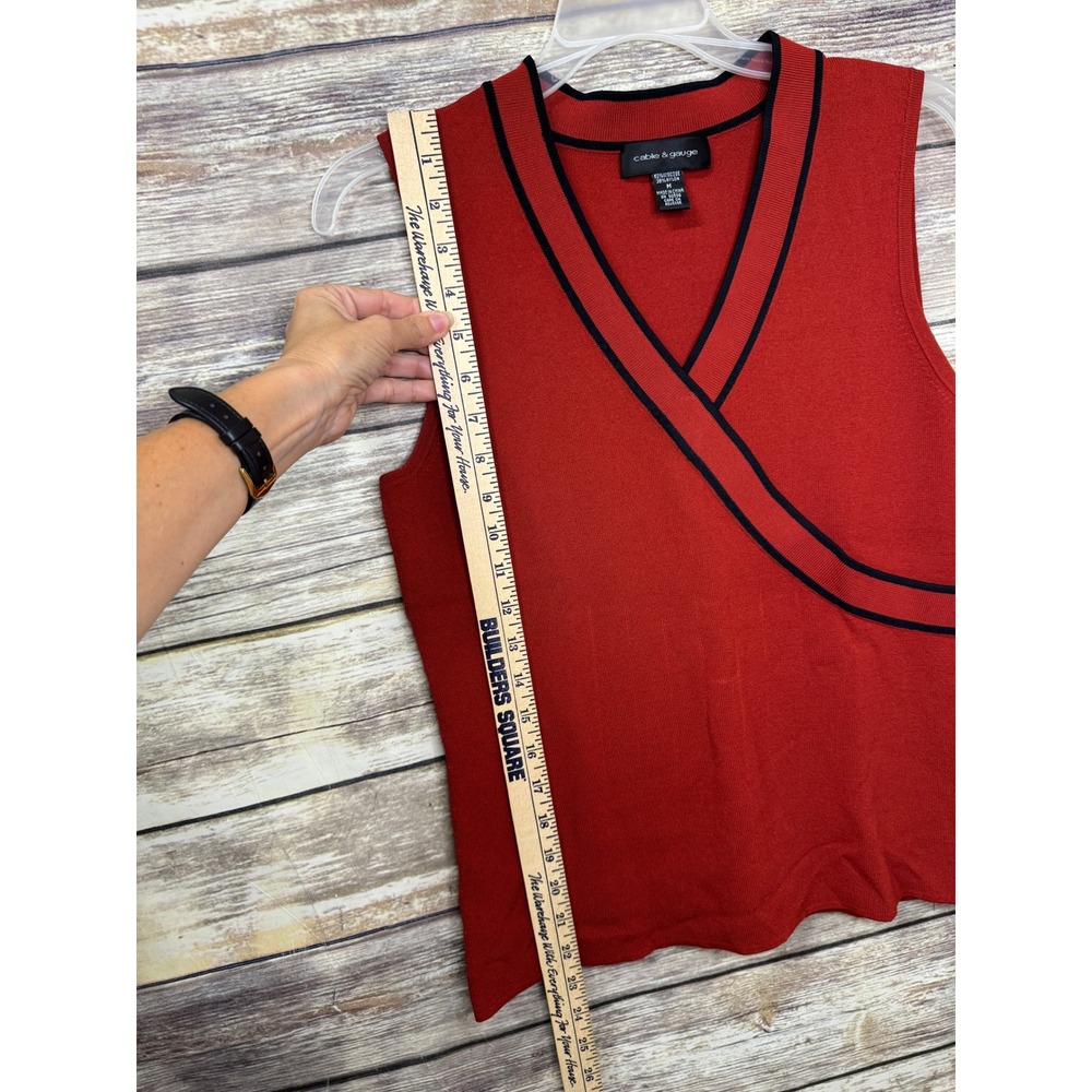 Cable & Gauge Red Sleeveless Faux Wrap V-Neck Sweater Top Black Trim M Medium - Picture 6 of 7